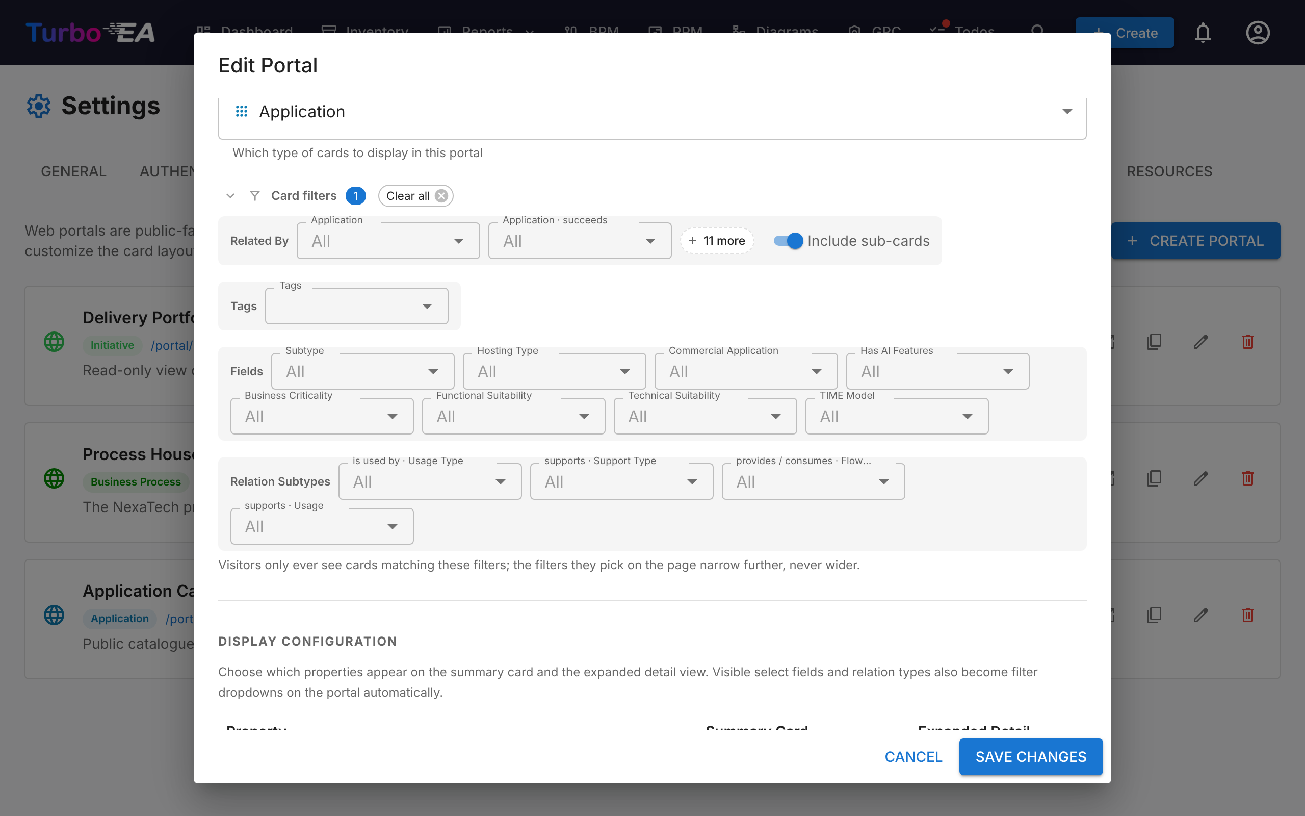Card filters in the portal dialog