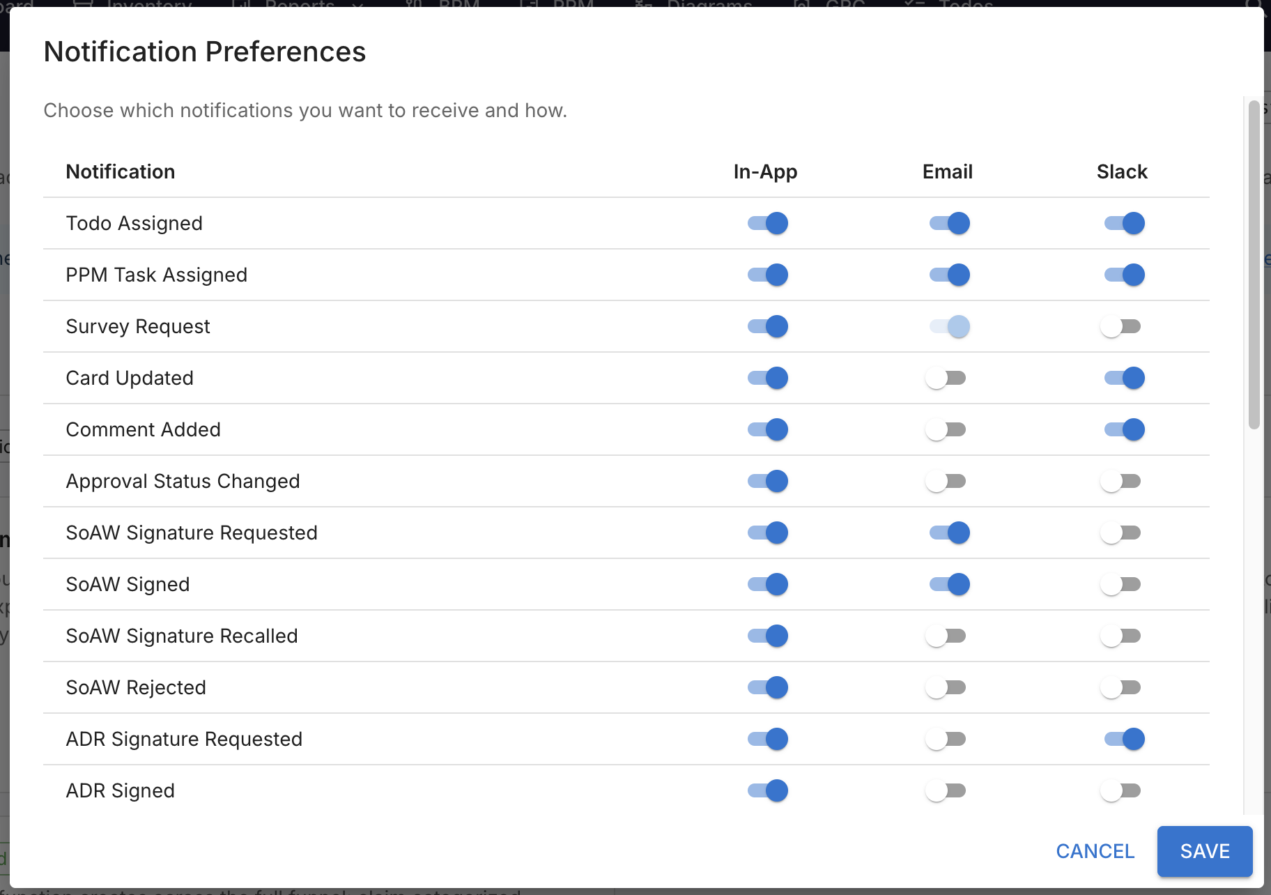 The Slack column in the notification preferences dialog
