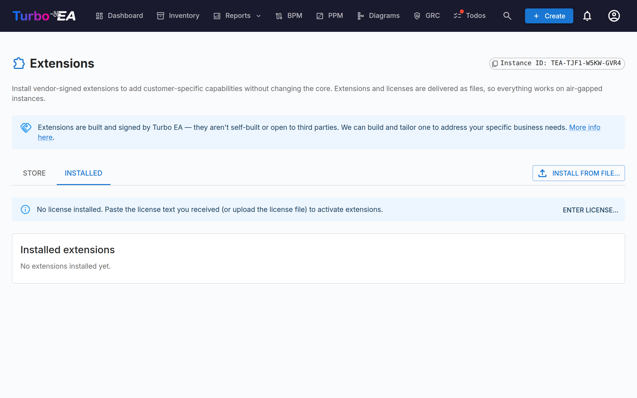 Extensions — Installed tab with the instance ID