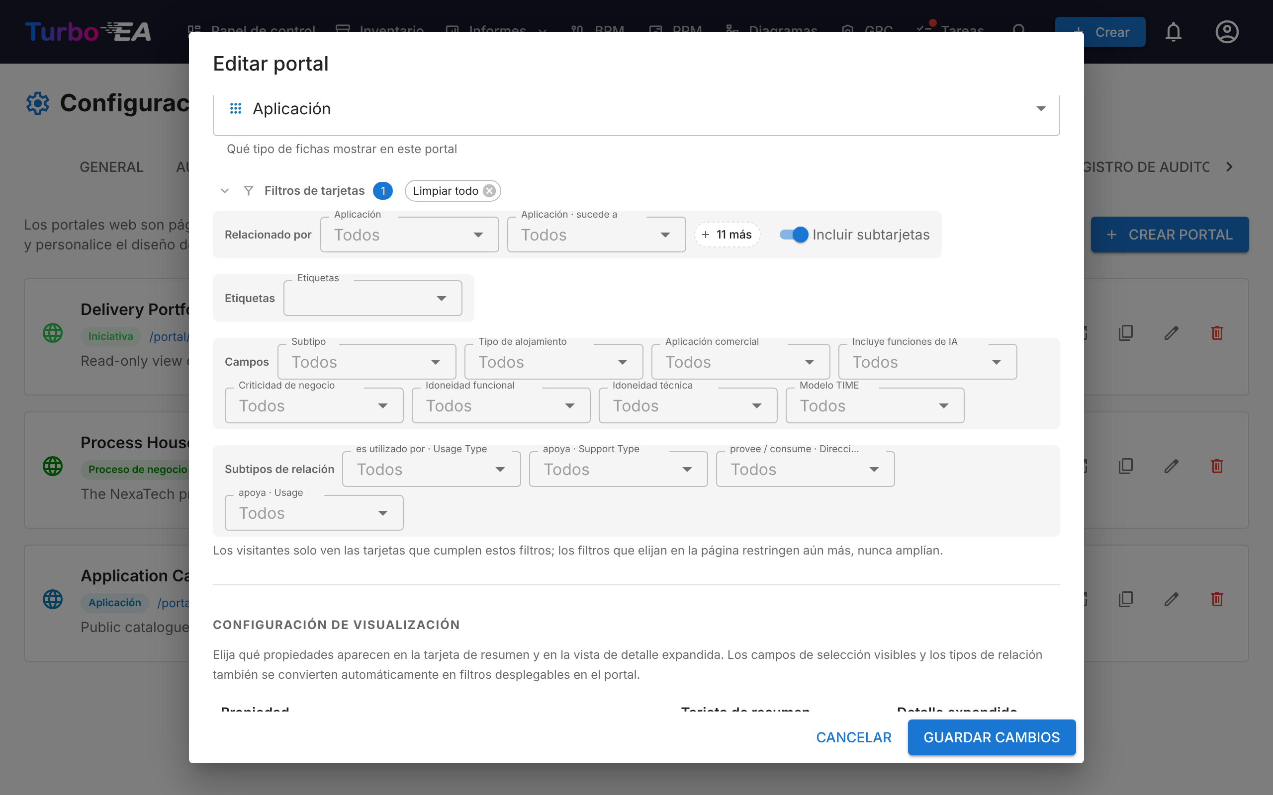 Filtros de tarjetas en el diálogo del portal