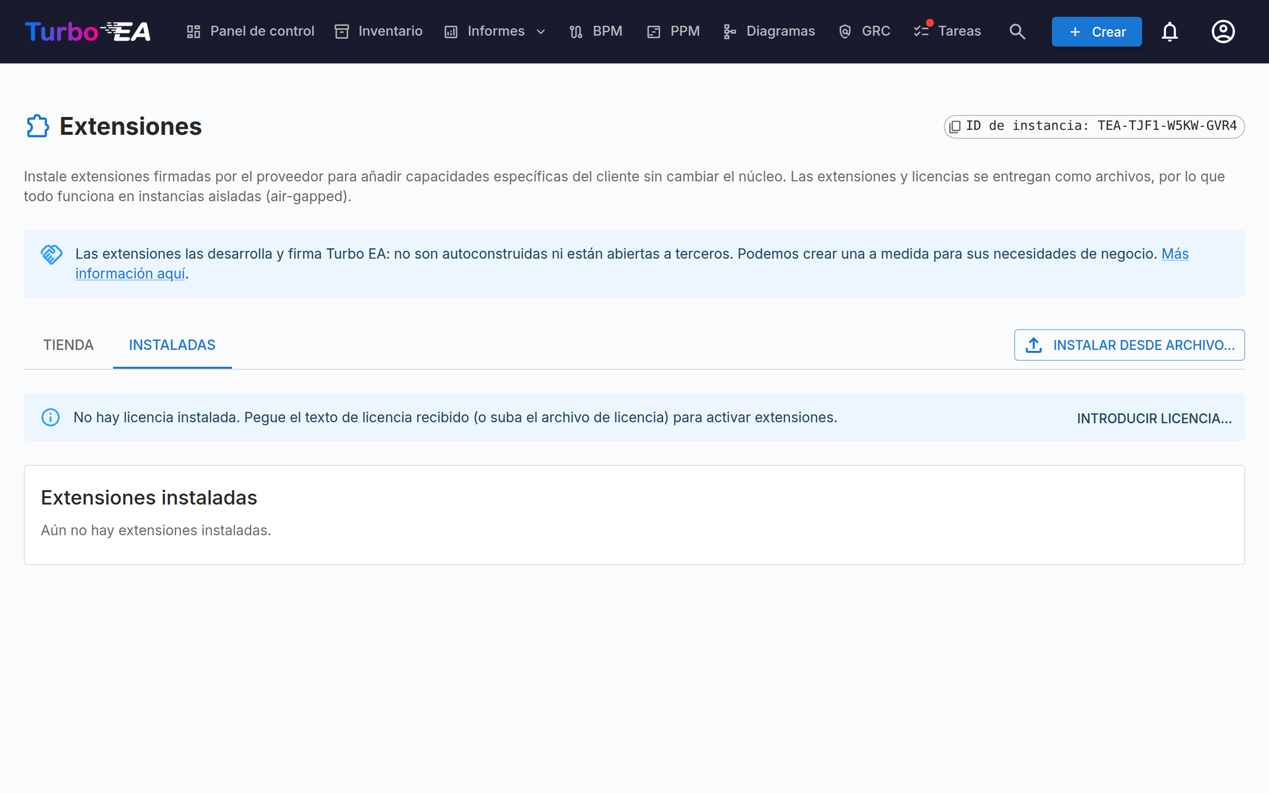 Extensiones — pestaña Instaladas con el ID de instancia