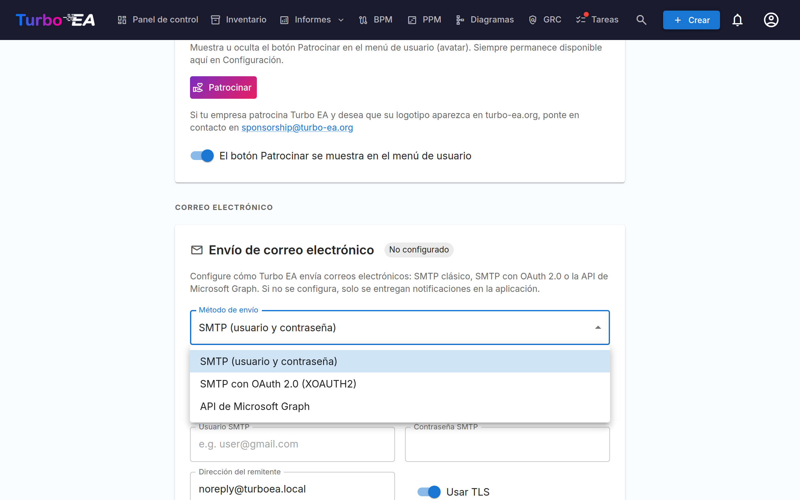 Envío de correo electrónico con la lista de métodos de envío