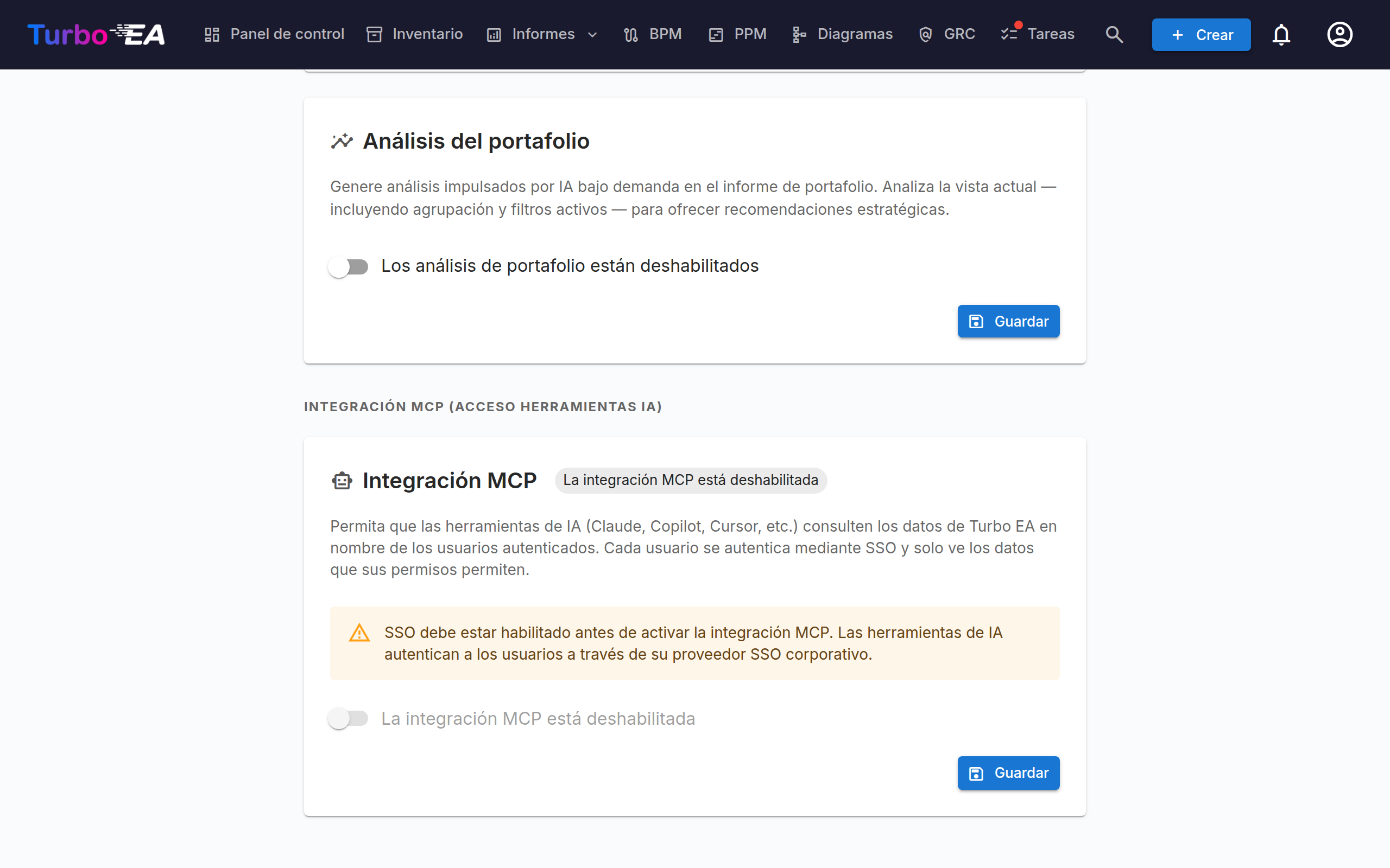 Sección Integración MCP de la pestaña IA