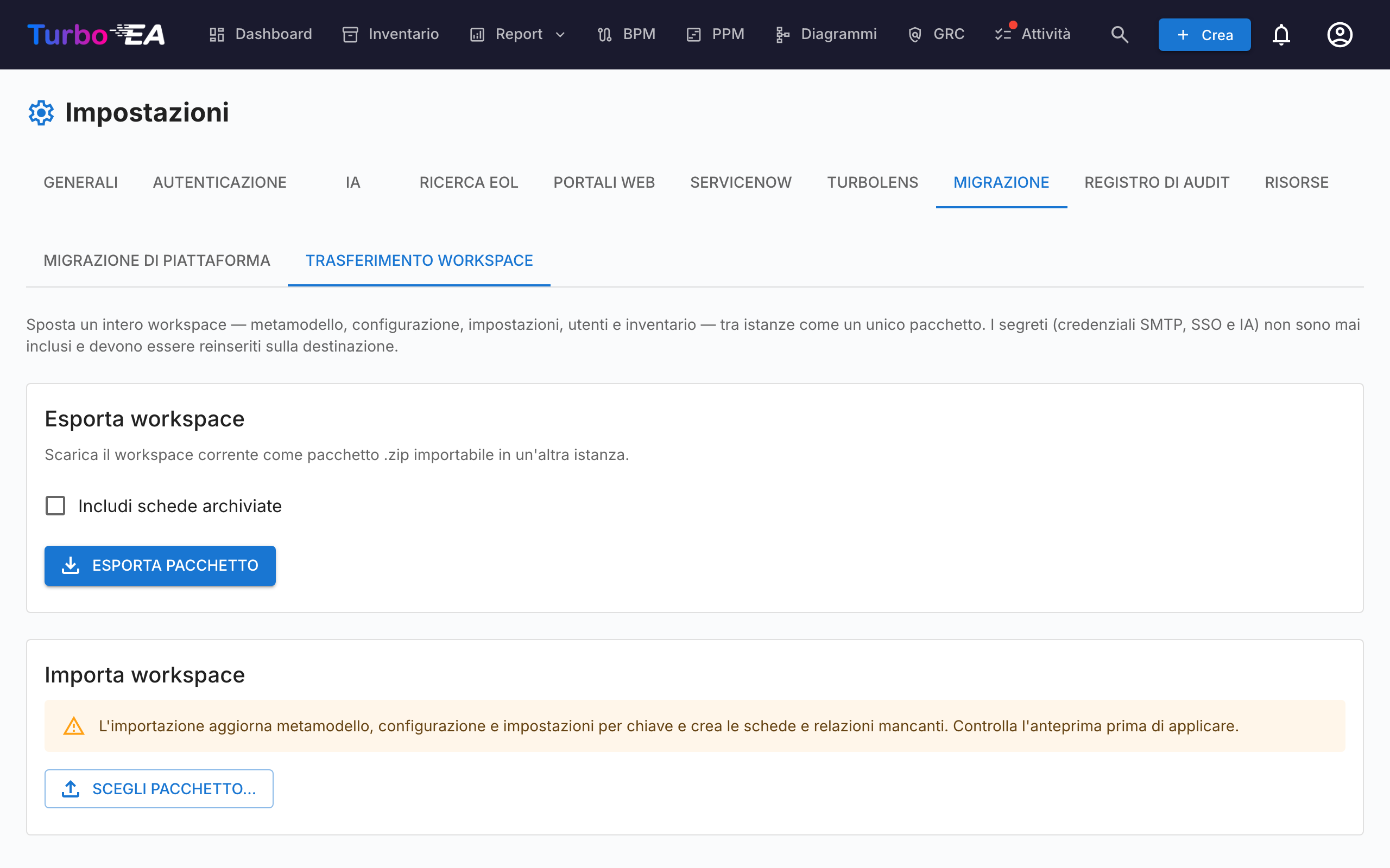 Trasferimento del workspace
