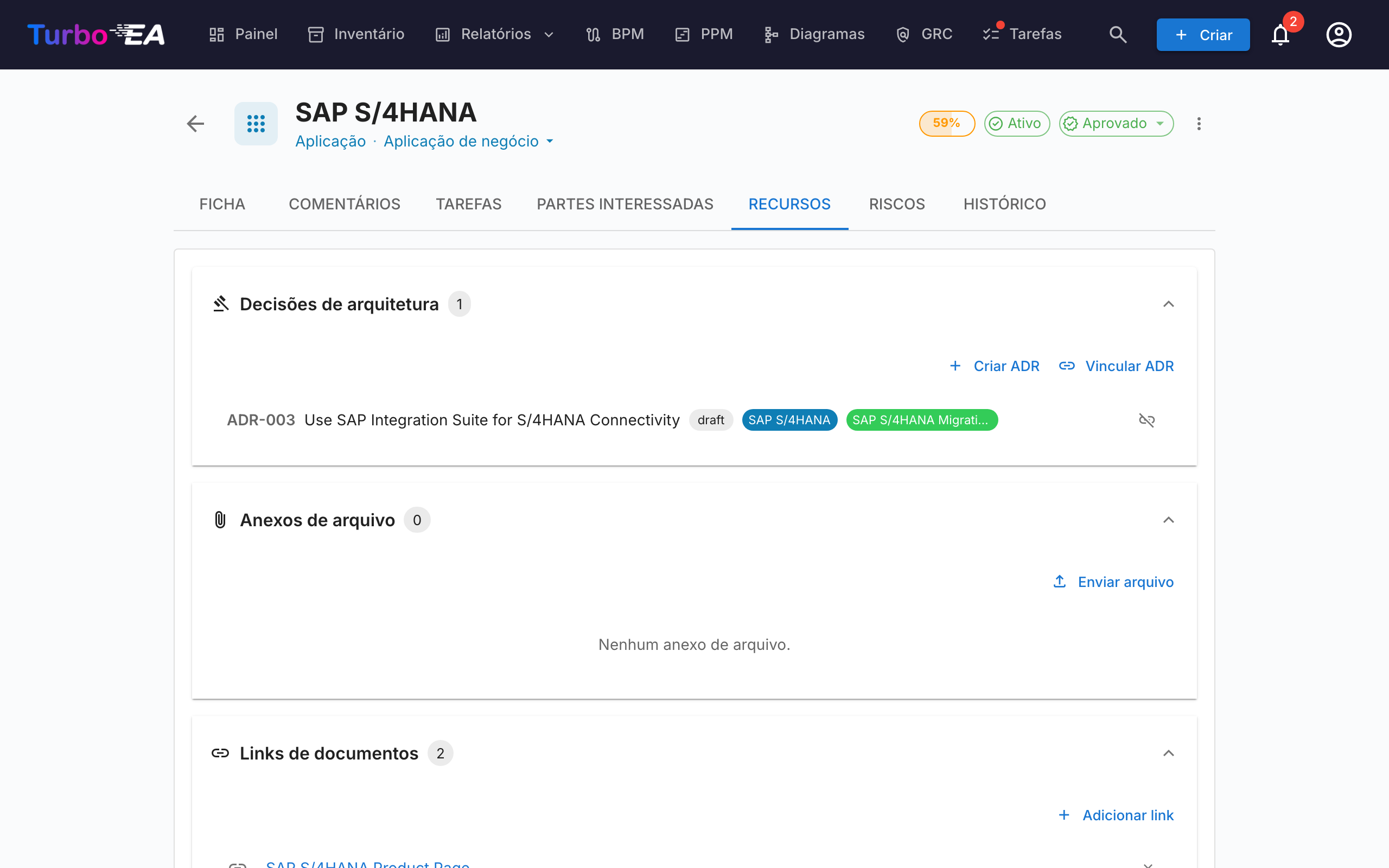 Aba de Recursos do card