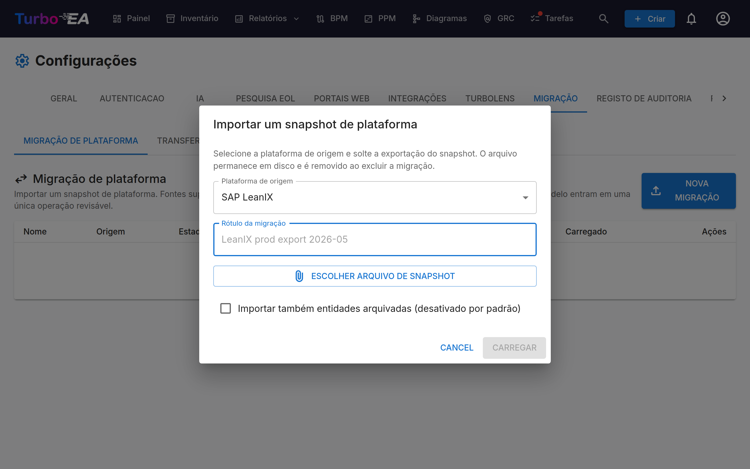 Iniciar uma migração do LeanIX em Configurações → Migração