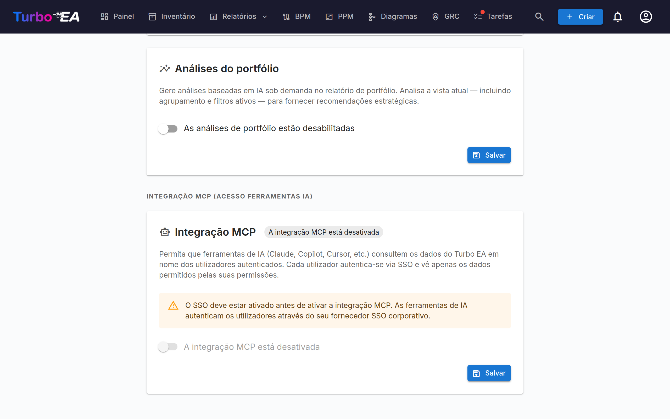 Seção Integração MCP da aba IA