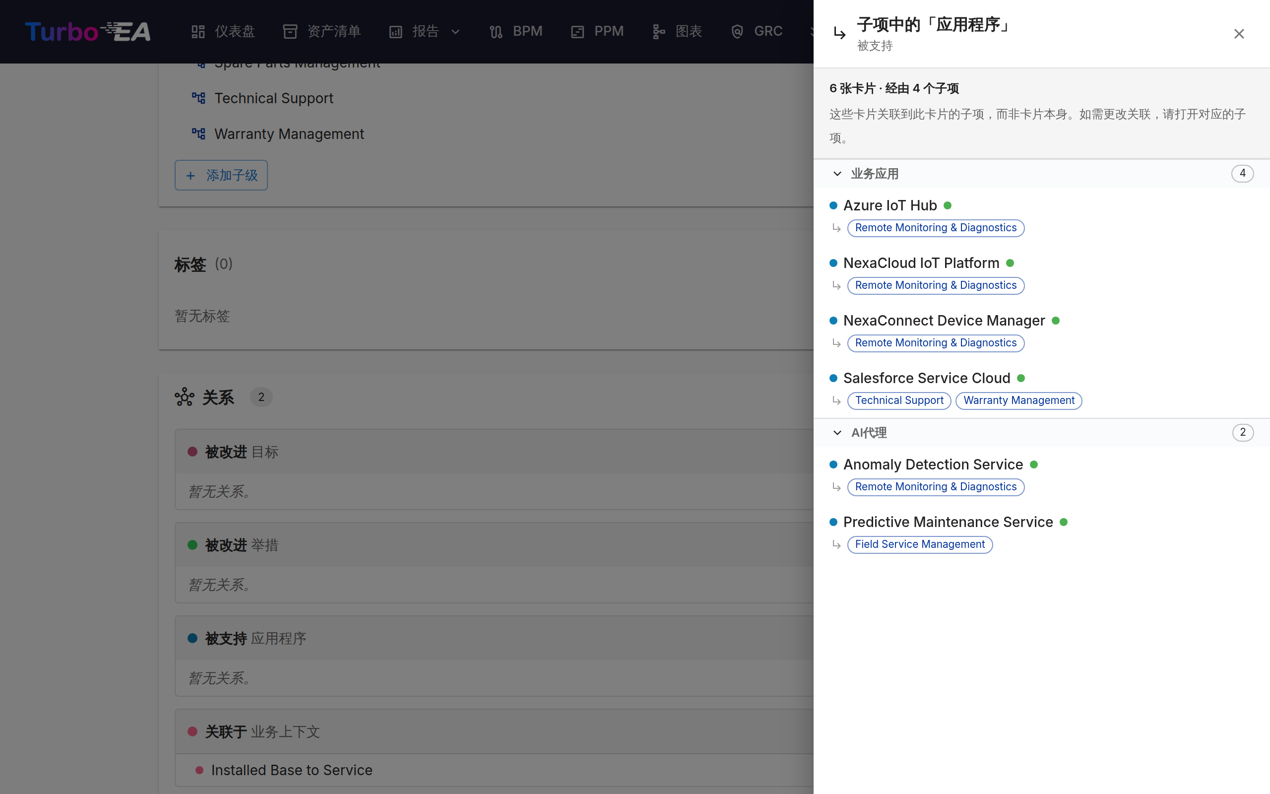 通过子项关联的卡片，并按子类型分组